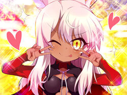  :p absurdres armor bad_id bad_twitter_id blush breastplate breasts capelet chloe_von_einzbern closed_mouth commentary_request dark-skinned_female dark_skin double_v emotional_engine_-_full_drive eyelashes fate/grand_order fate/kaleid_liner_prisma_illya fate_(series) female hair_between_eyes half_updo hands_up heart highres long_hair long_sleeves looking_at_viewer one_eye_closed parody pink_hair red_capelet shimejinameko shrug_(clothing) sidelocks small_breasts smile solo sparkle star_(symbol) tongue tongue_out v v-shaped_eyebrows yellow_background yellow_eyes 