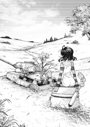  ahoge ass cloud cluseller commentary_request day dress female from_behind grass greyscale highres kemurikusa long_sleeves medium_hair military military_vehicle monochrome motor_vehicle outdoors raglan_sleeves riri_(kemurikusa) robot scenery shiro_(kemurikusa) sitting sky spoilers striped_sleeves tank traditional_media tree 