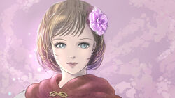  adventurer_(ff11) artist_name blue_eyes brown_hair closed_mouth eyelashes female final_fantasy final_fantasy_xi flower hair_flower hair_ornament highres hume pink_lips piyoco portrait purple_background purple_flower short_hair smile solo white_mage_(final_fantasy) 