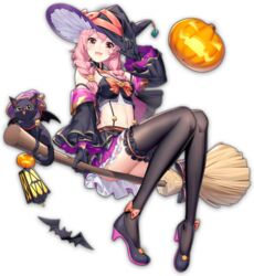  bat_(animal) black_cat blue_eyes braid broom broom_riding crop_top feline female fujita_kana full_body halloween halloween_costume hat high_heels long_hair looking_at_viewer mahjong_soul official_art pink_eyes pink_hair pumpkin skirt solo tachi-e transparent_background twin_braids witch witch_hat 