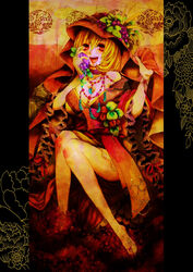  aki_minoriko blonde_hair blood breasts bruise choker cleavage female flower food frills fruit gem grapes hat highres injury jewelry kido_(choushouya) large_breasts leaf leaf_on_head looking_at_viewer open_mouth red_eyes red_robe robe short_hair skirt smile solo teeth thighs tongue touhou upper_teeth_only 