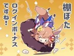  :d animal_ears black_footwear blush brown_background brown_hair chibi commentary daruma_doll female flower food hair_between_eyes hair_flower hair_ornament horse_ears horse_girl horse_tail matikanefukukitaru_(umamusume) milkpanda ohagi_(food) open_mouth pantyhose purple_shirt sailor_collar sailor_shirt school_uniform shirt shoe_soles shoes skirt smile solid_oval_eyes solo summer_uniform tail tracen_school_uniform translation_request umamusume upside-down white_pantyhose white_skirt yellow_flower 