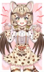  :d absurdres animal_ears blonde_hair blush breasts brown_hair cat_ears cat_girl cat_tail claw_pose commentary_request cowboy_shot fangs female fingernails geoffroy&#039;s_cat_(kemono_friends) hands_up highres kemono_friends long_hair looking_at_viewer low_twintails medium_breasts multicolored_hair neukkom open_mouth skirt smile solo tail thighhighs tongue twintails v-shaped_eyebrows yellow_eyes zettai_ryouiki 