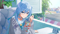  absurdres arm_support blue_choker blue_eyes blue_hair blue_ribbon blush cardigan choker commentary day eating english_commentary eyelashes eyes_visible_through_hair female food frilled_sleeves frills fruit grey_cardigan hair_between_eyes hair_ribbon highres holding holding_spoon hololive hoshimachi_suisei hoshimachi_suisei_(school_uniform) light_blue_hair long_hair long_sleeves looking_at_viewer mixed-language_commentary official_alternate_costume open_window parfait parted_lips plant potted_plant raeis restaurant ribbon sailor_collar sitting smile solo spoon star_(symbol) strawberry sunlight table upper_body utility_pole virtual_youtuber whipped_cream white_ribbon window 