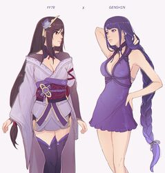  2girls black_hair braid breasts brown_eyes cleavage cosplay costume_switch dress final_fantasy final_fantasy_vii final_fantasy_vii_remake genshin_impact hair_ornament long_hair looking_at_another low-braided_long_hair low-tied_long_hair multiple_girls official_alternate_costume pudelmudel purple_dress purple_hair raiden_shogun raiden_shogun_(cosplay) short_dress sleeveless sleeveless_dress thighhighs tifa_lockhart tifa_lockhart_(cosplay) tifa_lockhart_(refined_dress) very_long_hair 