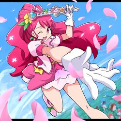  ;d bare_legs choker commentary_request cure_grace dutch_angle feet_out_of_frame female gloves hair_ornament hanadera_nodoka healin&#039;_good_precure healing_animal healing_wand heart heart_hair_ornament heart_wand highres holding holding_wand layered_skirt letterboxed long_hair looking_at_viewer magical_girl one_eye_closed open_mouth outstretched_hand petals pink_choker pink_eyes pink_hair pink_skirt precure rabirin_(precure) shoes skirt sky smile solo uraki wand white_footwear white_gloves 