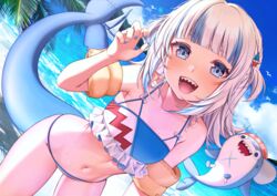  adapted_costume bangs bare_shoulders beach bikini bloop_(gawr_gura) blue_bikini blue_eyes blue_sky blush breasts cloud collarbone cowboy_shot day eyebrows_visible_through_hair fangs female fish_tail gawr_gura hair_ornament holding holding_innertube hololive hololive_english innertube long_hair looking_at_viewer mixed-language_commentary multicolored_hair nail_polish navel ocean open_mouth outdoors palm_tree saruei shark shark_girl shark_hair_ornament shark_print shark_tail sharp_teeth silver_hair sky small_breasts smile solo standing swimsuit tail teeth tree two_side_up virtual_youtuber water 