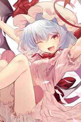  arms_up back_bow bat_wings bloomers blue_hair blush bow bowtie commentary_request dress feet_out_of_frame female frills hat hat_ribbon knees_up looking_at_viewer mob_cap oerba_yun_fang one_eye_closed open_mouth outstretched_arms pink_dress pink_headwear red_bow red_bowtie red_eyes red_ribbon remilia_scarlet ribbon short_hair short_sleeves smile touhou underwear wings yuki_(popopo) 