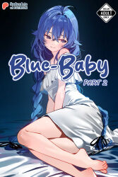  artist_name barefoot bed blue_background blue_eyes blue_hair braid commentary content_rating cover cover_page crossed_bangs dress english_commentary english_text feet female highres long_hair looking_at_viewer looking_to_the_side lying mushoku_tensei off-shoulder_dress off_shoulder on_bed on_side paid_reward_available patreon_logo patreon_username roxy_migurdia solo sydus thighs toes twin_braids very_long_hair white_dress 