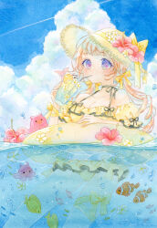  absurdres air_bubble amu_(m_aa) animal arm_ribbon artist_name bikini bikini_skirt bow bubble cloud cloudy_sky clownfish cumulonimbus_cloud dated day detached_sleeves drink drinking drinking_straw drinking_straw_in_mouth female fish flower frilled_bikini_top hairbow hat hat_bow hat_flower hat_ornament highres leg_ribbon ocean original outdoors painting_(medium) partially_submerged partially_underwater_shot pink_hair puffy_sleeves purple_eyes ribbon signature sky solo straw_hat summer swim_ring swimsuit traditional_media umbrella_octopus watercolor_(medium) yellow_bikini yellow_bow yellow_ribbon yellow_sleeves 