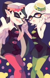  +_+ 2girls :o ;d absurdres black_hair callie_(splatoon) commentary_request detached_collar detached_sleeves dress duplicate fangs food food_on_head gloves green_pantyhose hair_rings highres inkling long_hair marie_(splatoon) multiple_girls nagatsukiariake object_on_head one_eye_closed open_mouth orange_eyes pantyhose pink_pantyhose pixel-perfect_duplicate pointy_ears ponytail short_hair short_jumpsuit smile splatoon_(series) splatoon_1 strapless strapless_dress sushi unitard white_gloves white_hair 