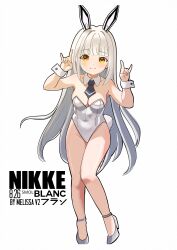  absurdres animal_ears blanc_(nikke) breasts character_name cleavage copyright_name detached_collar female full_body gesture_request goddess_of_victory:_nikke grey_hair high_heels highleg highleg_leotard highres leotard long_hair looking_at_viewer medium_hair melissa_v2 playboy_bunny rabbit_ears solo very_long_hair white_background yellow_eyes 