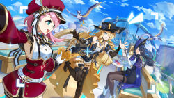  3girls :d absurdres aqua_eyes armpits belt bird black_hat black_pantyhose black_thighhighs blonde_hair blue_cape blue_sky cabbie_hat cape charlotte_(genshin_impact) clorinde_(genshin_impact) cloud day detached_sleeves food genshin_impact grin hand_up hat high-waist_skirt highres long_sleeves macaron multiple_girls navia_(genshin_impact) official_art one_eye_closed open_mouth outdoors outstretched_arm pantyhose pink_hair red_hat red_skirt shirt short_hair skirt sky sleeveless sleeveless_shirt smile suspender_skirt suspenders thigh_strap thighhighs tricorne white_belt white_shirt 