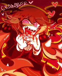  black_dress blood blood_on_clothes commentary cranber_(funamusea) demon_girl demon_wings dress english_commentary female funamusea haiiro_teien homriette looking_at_viewer red_eyes sharp_teeth solo spikes teeth wings 