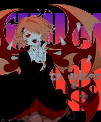  black_dress blood blood_on_clothes cranber_(funamusea) demon_girl demon_wings dress female funamusea haiiro_teien highres long_hair looking_at_viewer pekaboott pink_hair red_eyes solo spikes very_long_hair wings 