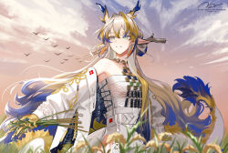  arknights bare_shoulders beads belt blonde_hair colored_extremities commentary cowboy_shot day dragon_girl dragon_horns dragon_tail earrings female green_eyes grey_hair grin hair_between_eyes hair_intakes highres holding holding_plant horns jacket jewelry long_sleeves looking_afar multicolored_hair necklace off_shoulder outdoors p9_nai plant pointy_ears purple_hair seigaiha shu_(arknights) simple_bird smile solo standing strapless sunlight tail tube_top watermark wheat white_belt white_jacket white_tube_top wind 