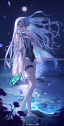  ak-alfa_(girls&#039;_frontline) barefoot beach bioluminescence chinese_commentary commentary_request covered_mouth female girls&#039;_frontline girls&#039;_frontline_2:_exilium glowing hair_ornament hand_on_own_cheek hand_on_own_face highres hitokoto holding holding_shoes long_hair night official_alternate_costume one-piece_swimsuit petals ripples shoes solo standing swimsuit thigh_strap weibo_watermark white_hair yellow_eyes 