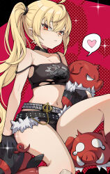  absurdres belt black_choker black_shorts blonde_hair breasts choker commentary_request crop_top female fur-trimmed_shorts fur_trim gloves half_gloves heart highres kushige_musume long_hair looking_at_viewer luciana_de_montefio medium_breasts micro_shorts midriff navel off_shoulder petite pig red_background red_eyes red_socks shirt shorts side_ponytail sleeveless socks solo spoken_heart studded_belt thighs torn_clothes torn_shirt very_long_hair zenless_zone_zero 