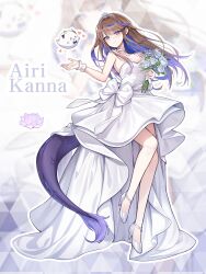  absurdres airi_kanna bare_shoulders blue_hair bouquet bow breasts brown_hair character_name cleavage closed_mouth dragon_girl dragon_tail dress dress_bow female floating_hair flower full_body highres holding holding_bouquet long_hair looking_at_viewer multicolored_hair picter purple_hair smile solo standing stellive tail virtual_youtuber white_bow white_dress white_flower zoom_layer 