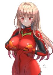  blush bodysuit breasts brown_hair cosplay female goddess_of_victory:_nikke highres kazushi_shinya large_breasts long_hair multicolored_bodysuit multicolored_clothes neon_genesis_evangelion pilot_suit plugsuit rapi_(nikke) red_bodysuit red_eyes skin_tight solo souryuu_asuka_langley souryuu_asuka_langley_(cosplay) 