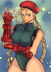  absurdres ahoge beret blonde_hair blue_eyes braid breasts cammy_white female fingerless_gloves gloves green_leotard hat highleg highleg_leotard highres leotard long_hair looking_at_viewer scar sleeved_leotard smile sokumenkara solo street_fighter street_fighter_ii_(series) thong_leotard twin_braids 