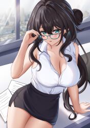  absurdres adjusting_eyewear arm_support armpit_crease bare_shoulders bespectacled black_skirt blush breasts brown_hair cleavage collared_shirt commentary contemporary female glasses green-framed_eyewear green_eyes hair_between_eyes hair_bun hand_on_eyewear highres honkai:_star_rail honkai_(series) indoors large_breasts legs_together long_hair looking_at_viewer office_lady open_mouth paper ruan_mei_(honkai:_star_rail) shirt shouhaku0512 sidelocks single_hair_bun sitting skirt sleeveless sleeveless_shirt solo very_long_hair white_shirt window 