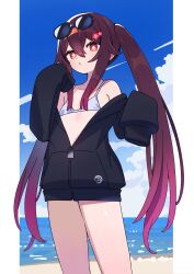  bare_legs beach bikini black_jacket brown_hair cloud collarbone cowboy crossed_bangs eyewear_on_head female flat_chest flower flower-shaped_pupils from_below genshin_impact gradient_hair hand_up highres hu_tao_(genshin_impact) jacket long_hair looking_at_viewer multicolored_hair off_shoulder plum_blossoms pocket puckered_lips sidelocks sky sleeves_past_fingers sleeves_past_wrists solo swimsuit symbol-shaped_pupils twintails very_long_hair white_bikini zenshin zipper_pull_tab 