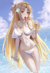  absurdres asuna_(sao) bikini blue_sky blush bracelet breasts brown_eyes brown_hair cleavage cloud cloudy_sky collarbone commentary_request cowboy_shot darshima day female flower food food_in_mouth hair_flower hair_ornament hair_over_shoulder half_up_half_down_braid hand_up highres holding holding_own_hair holding_tube jewelry long_hair looking_at_viewer lotion medium_breasts navel ocean outdoors popsicle popsicle_in_mouth side-tie_bikini_bottom signature sky solo standing stomach sunscreen swimsuit sword_art_online thigh_strap very_long_hair wading watermelon_bar wet white_bikini 