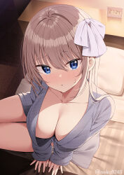  bathrobe bed blonde_hair blue_eyes blush breasts cleavage collarbone female hair_between_eyes hair_ornament hair_ribbon hotel indoors large_breasts light_brown_hair long_hair looking_at_viewer nekokobushi original ribbon sitting solo 