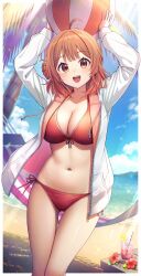  absurdres ahoge arms_up ball beach beachball bikini blue_sky blurry blurry_background blush breasts brown_hair female flower gakuen_idolmaster hair_bun hanami_ume highres holding holding_ball holding_beachball idolmaster jacket large_breasts long_hair looking_at_viewer navel ocean open_clothes open_jacket open_mouth outdoors red_bikini single_side_bun sky smile solo stomach swimsuit u_rin 