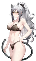  absurdres animal_ears arknights black_bra black_hair black_panties black_tail blush bra breasts cleavage cowboy_shot dlnk female fingernails grey_hair groin hair_between_eyes hair_ornament hair_scrunchie hand_on_own_hip highres lace lace_bra lace_panties large_breasts long_hair looking_at_viewer multicolored_hair navel panties parted_lips schwarz_(arknights) scrunchie simple_background solo standing streaked_hair tail underwear underwear_only white_background yellow_eyes 