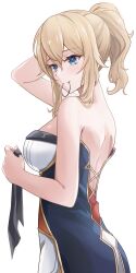  bare_arms bare_shoulders blonde_hair blue_eyes female genshin_impact hair_tie_in_mouth highres jean_(genshin_impact) long_hair mon-chan mouth_hold ponytail shirt sidelocks simple_background smile solo standing strapless strapless_shirt white_background 