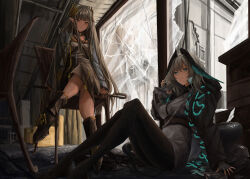  2girls absurdres aqua_eyes arknights between_breasts black_choker black_pantyhose breasts brown_dress brown_hair choker closed_mouth coat commentary dress elf feathered_wings fingerless_gloves gloves grey_hair hair_between_eyes head_wings highres ho&#039;olheyak_(arknights) infection_monitor_(arknights) lab_coat laurel_crown long_hair long_sleeves long_tail looking_at_viewer muelsyse_(arknights) multicolored_coat multiple_girls new_t_y_n open_clothes pantyhose pencil_dress pointy_ears shirt sitting smile snake_tail strap_between_breasts tail two-tone_coat white_dress white_gloves wings yellow_eyes 