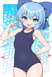  :d bare_arms blue_bow blue_eyes blue_hair blue_one-piece_swimsuit border bow breasts cameltoe cirno commentary_request covered_navel cowboy_shot female hairbow hand_on_own_hip hand_up heart highres ice ice_wings looking_at_viewer medium_hair one-piece_swimsuit open_mouth rizento school_swimsuit small_breasts smile solo swimsuit thighs touhou white_border wings 