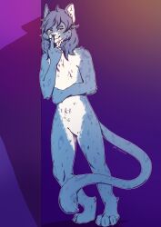  anthro blue_body blue_fur blue_hair domestic_cat featureless_crotch felid feline felis front_view full-length_portrait fur hair hi_res lionfloof male mammal narrowed_eyes nude orange_eyes portrait signature smile solo standing whiskers white_body white_fur 