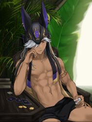  1boy absurdres animal_hat black_hat black_male_underwear black_shorts card closed_mouth coin cyno_(genshin_impact) dark-skinned_male dark_skin genius_invokation_tcg genshin_impact hair_between_eyes hair_over_one_eye hat highres holding holding_card long_hair male_focus male_underwear midriff navel ra_gi_ren shorts solo stomach topless_male underwear white_hair 