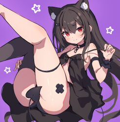  animal_ear_fluff animal_ears asktyuni babydoll bandage_on_thigh black_babydoll black_choker black_hair black_panties black_tail breasts cat_ears cat_girl choker demon_tail extra_ears female hair_between_eyes hand_on_own_thigh highres legs_up long_hair looking_at_viewer lying on_back original panties purple_background red_eyes simple_background single_thighhigh small_breasts smile solo star_(symbol) starry_background strap_pull tail thigh_strap thighhighs underwear wrist_cuffs 