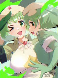  2girls bow bowtie breasts elbow_gloves gloves green_background green_eyes green_hair hat jacket kemono_friends keroro_(kemono_friends) keroro_gunsou large_breasts looking_at_viewer looking_back multiple_girls one_eye_closed riri_(dgra3272) shirt short_hair simple_background star_(symbol) upper_body 