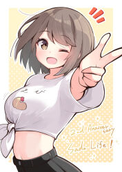  ;d anniversary black_skirt blush breasts brown_background brown_eyes brown_hair commentary_request female finger_gun highres looking_at_viewer mahoutsukai_rose_no_sado_life medium_breasts midriff navel notice_lines ominaeshi_(takenoko) one_eye_closed outline outstretched_arm polka_dot polka_dot_background sana_(mahoutsukai_rose_no_sado_life) shirt short_sleeves skirt smile solo tied_shirt two-tone_background upper_body white_background white_outline white_shirt 