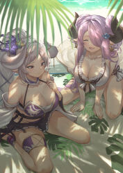  2girls azusa_(granblue_fantasy) azusa_(summer)_(granblue_fantasy) beach beruu bikini breasts collarbone draph flower granblue_fantasy hair_flower hair_ornament hair_over_one_eye hand_on_own_chest highres horns large_breasts long_hair multiple_girls narmaya_(granblue_fantasy) narmaya_(summer)_(granblue_fantasy) pink_hair pointy_ears red_eyes sidelocks sitting skirt smile swimsuit very_long_hair white_hair 