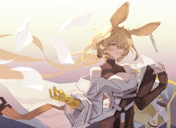  animal_ears arknights bare_shoulders blonde_hair breasts cleavage clipboard coat commentary_request cowboy_shot dorothy_(arknights) dress ear_tag female gloves hair_between_eyes hat highres holding holding_clipboard hourglass long_hair long_sleeves looking_at_viewer mouse_ears mouse_girl partial_commentary roncele simple_background solo white_coat yellow_eyes yellow_gloves 