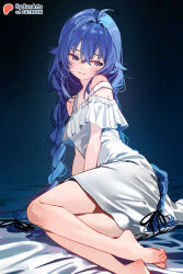  artist_name barefoot bed blue_background blue_eyes blue_hair braid commentary crossed_bangs dress english_commentary feet female highres long_hair looking_at_viewer looking_to_the_side lying mushoku_tensei off-shoulder_dress off_shoulder on_bed on_side paid_reward_available patreon_logo patreon_username roxy_migurdia solo sydus thighs toes twin_braids very_long_hair white_dress 