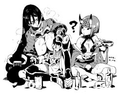  2girls ? alcohol arm_guards arm_support blunt_bangs blunt_ends blush bodysuit bottle breasts can commentary_request covered_nipples cup dated dated_commentary drunk facing_viewer fate/grand_order fate_(series) fingerless_gloves full_body gloves greyscale heavy_breathing holding holding_bottle holding_can holding_cup horns indian_style ireading japanese_clothes kimono large_breasts long_bangs long_hair looking_at_another looking_to_the_side low-tied_long_hair medium_hair minamoto_no_raikou_(fate) monochrome multiple_girls oni open_clothes open_kimono parted_lips pelvic_curtain pouring sandals shin_guards shuten_douji_(fate) simple_background sitting skin-covered_horns small_breasts straight_hair sweat toeless_footwear very_long_hair white_background 