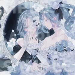  arcaea black_ribbon black_shirt choker collarbone different_reflection dress expressionless female flower flower_dress flower_in_eye frilled_sleeves frills gloves green_eyes green_hair green_nails hair_flower hair_ornament hair_ribbon highres instrument looking_at_another looking_at_mirror medium_hair mirror off-shoulder_dress off-shoulder_shirt off_shoulder parted_lips plant ponytail reflection ribbon sample_watermark saya_(arcaea) shirt sidelocks split_ponytail symbol_in_eye vines violin watermark white_choker white_dress white_gloves xiv_xxx14 