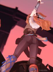  1girls aloy arm_up ass digital_media_(artwork) female female_only from_behind from_below fully_clothed fur_trim gauntlets genshin_impact horizon_zero_dawn koikatsu lewdestkiwi long_hair one_arm_up pants solo stretching thick_thighs thighs 