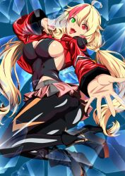  absurdres ahoge ankle_boots arima_rio black_boots black_pantyhose black_shirt blonde_hair blue_background boots breasts clothing_cutout commentary_request cropped_jacket double-parted_bangs feet_up_heels_up female finger_cots floating_hair from_side glass_shards hair_between_eyes heterochromia high_heel_boots high_heels highres jacket large_breasts latex_pantyhose long_hair long_sleeves looking_at_viewer low_twintails macross macross_delta macross_delta:_zettai_live!!!!!! microskirt multicolored_hair open_clothes open_jacket pantyhose pink_skirt pink_streaks platform_boots red_jacket shiny_pantyhose shirt side_cutout sideboob simple_background skirt smile solo streaked_hair tongue tongue_out twintails two-tone_hair very_long_hair yami_freyja 