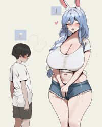  1boy absurdres age_difference alternate_breast_size_(larger) animal_ears blue_shorts blush breasts cleavage closed_eyes feet_out_of_frame female heart highres hololive huge_breasts luxo_jr. mature_female meeko_illus navel onee-shota open_mouth pekomama pixar rabbit_ears rabbit_girl rabbit_tail shirt short_shorts short_sleeves shorts simple_background smile standing stomach tail thighs virtual_youtuber white_shirt yellow_background 
