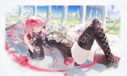  apple arknights arm_belt belt belt_buckle black_belt black_boots black_jacket boots buckle closed_mouth commentary day earrings falling_petals female flower food fruit glint grass halo highres holding holding_flower holding_food holding_fruit jacket jewelry lace-up_boots laterano_logo lemuen_(arknights) light_particles long_hair lxc lying on_back outdoors petals pink_eyes pink_hair pink_ribbon plant ribbon romaji_commentary sleeve_belt sleeve_garter smile solo sunlight thigh_boots traditional_halo white_flower white_halo zipper 