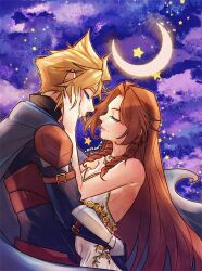  1boy aerith_gainsborough aerith_gainsborough_(white_floral_dress) aqua_eyes arm_around_waist arm_belt armor artist_name black_shirt blonde_hair blue_cloak breasts brown_hair cleavage cloak closed_eyes closed_mouth cloud_strife cloud_strife_(alphreid_costume) couple crescent_moon dress dress_flower female final_fantasy final_fantasy_vii final_fantasy_vii_rebirth final_fantasy_vii_remake flower gold_trim hair_between_eyes half-closed_eyes hand_in_another&#039;s_hair hand_on_another&#039;s_cheek hand_on_another&#039;s_face highres kurohyn leather_armor light_smile long_hair medium_breasts moon nail_polish night night_sky official_alternate_costume parted_bangs rose shirt short_hair shoulder_armor sideboob sidelocks sky spiked_hair straight strapless strapless_dress upper_body vambraces white_dress yellow_flower yellow_nails yellow_rose 