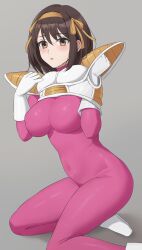  absurdres amayo_thranana blush bodysuit brown_eyes brown_hair commentary_request cosplay dragon_ball dragon_ball_z female gloves grey_background hair_ribbon hairband hands_up highres impossible_bodysuit impossible_clothes kneeling looking_at_viewer parted_lips ribbon saiyan_armor shoes simple_background skin_tight solo suzumiya_haruhi suzumiya_haruhi_no_yuuutsu white_gloves white_shoes yellow_hairband yellow_ribbon 